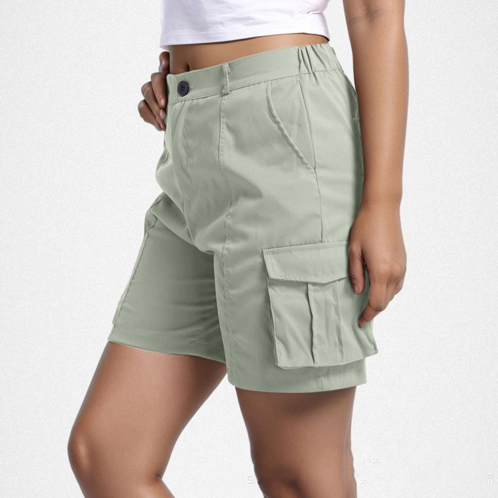 Women Casual Solid Elastic Waist Cargo Shorts with Pockets Relaxed Fit Utility Design for Everyday Wear Outdoor Activities
