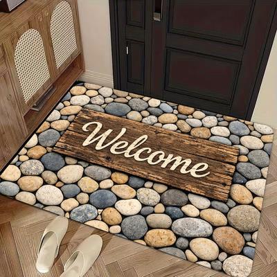 1pc, 2D Flat Printing, Vintage Pebble Welcome Entrance Door Mat, Non-Slip Machine Washable Easy Clean Polyester Carpet, Suitable for Home And Outdoor 