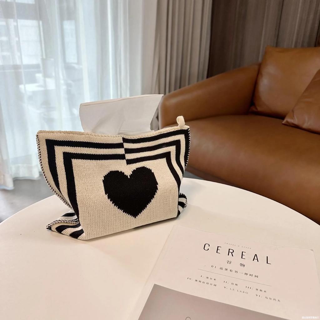 Nordic Ins Heart-pattern Knitted Tissue Bag Living Room Table Tissue Box Paper Storage Desktop Decorative Tissue Case Paper Box