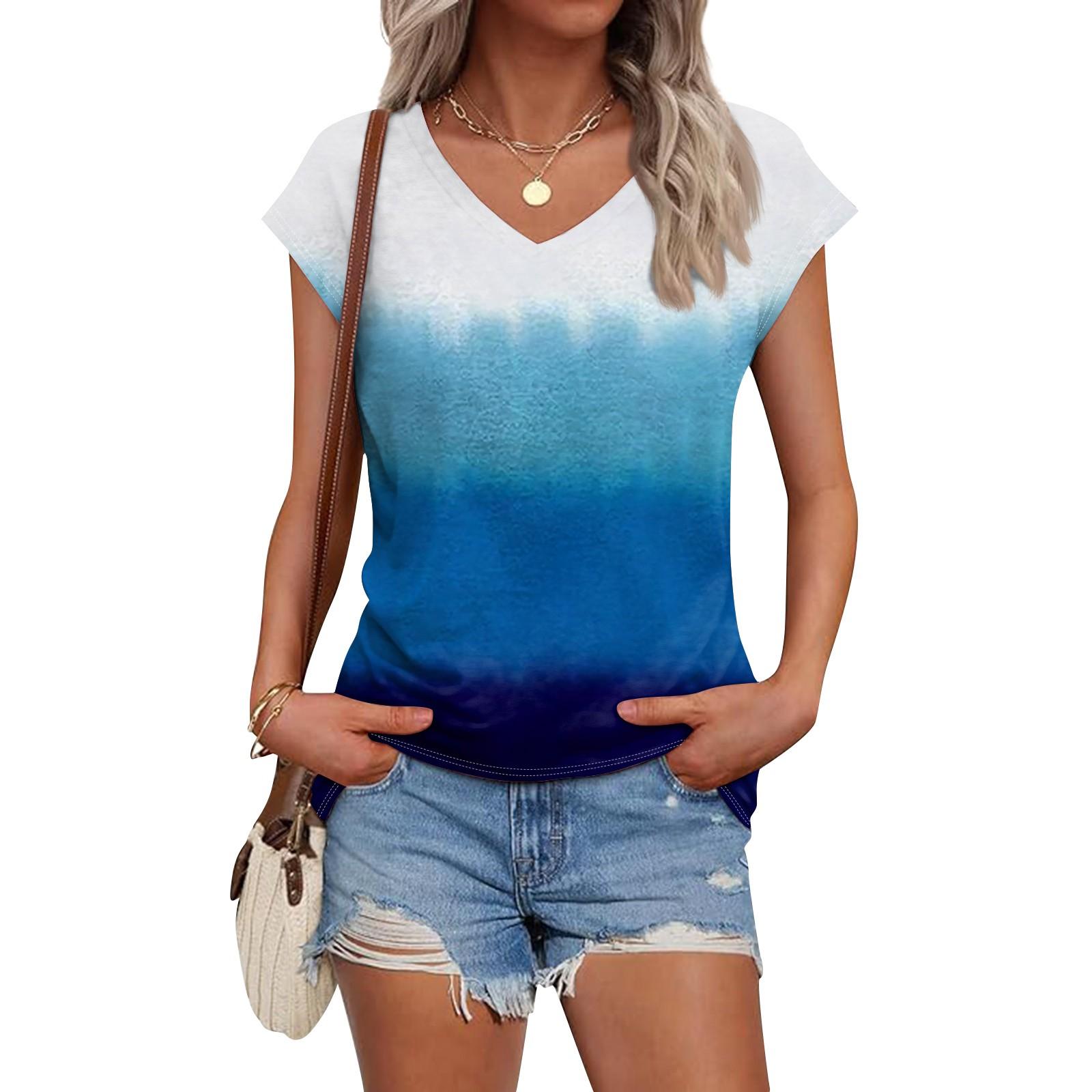 

Женская модная повседневная блузка с короткими рукавами и V-образным вырезом с короткими рукавами и принтом L синий