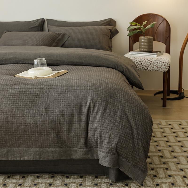 2026 Spring/Summer Men's Pure Cotton Striped 4-Piece Bedding Set: Washed Cotton Bed Sheet & Duvet Cover.