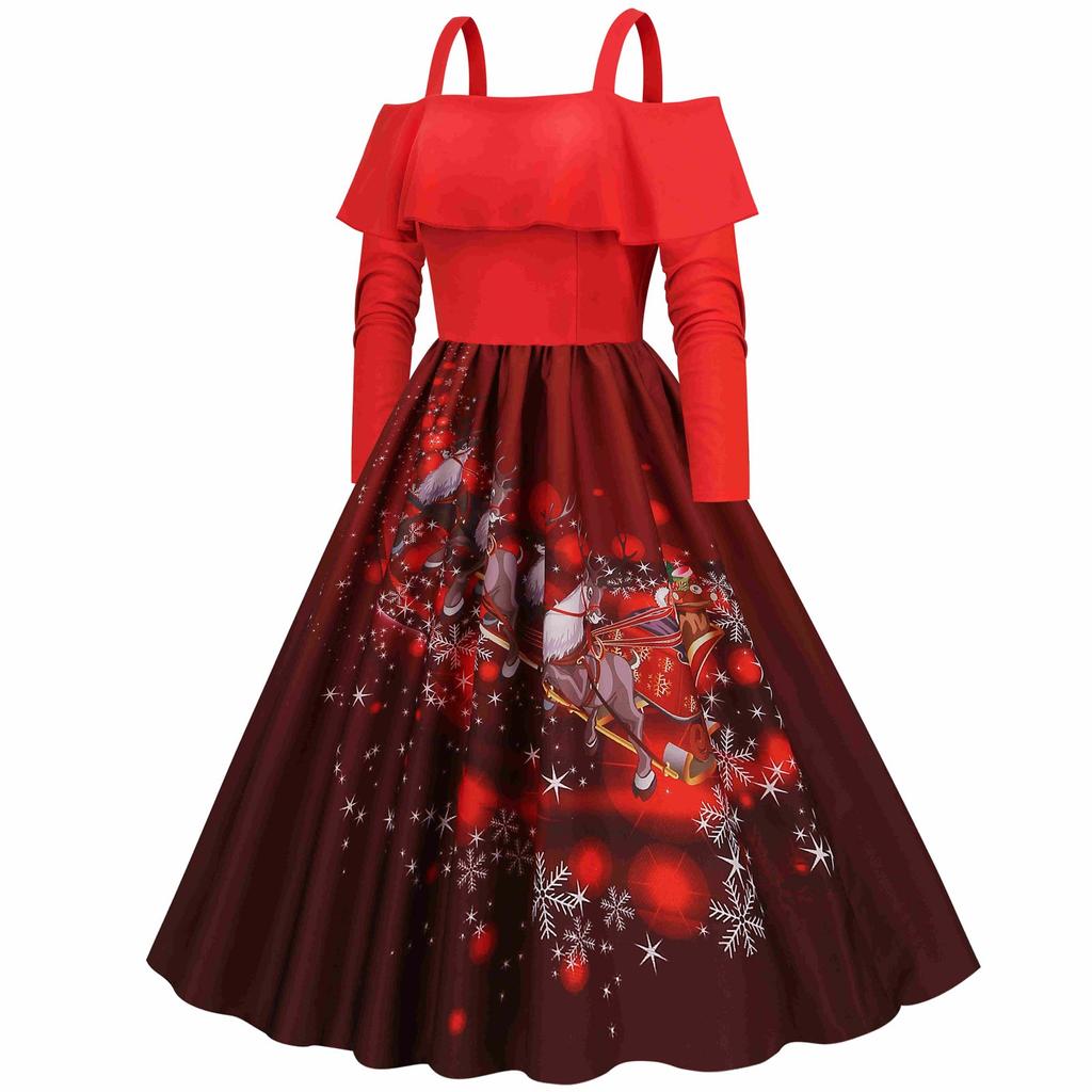 Kvinners Ruffle Langermet Stroppløs Skjøting Juletrykt Big Hem Dress