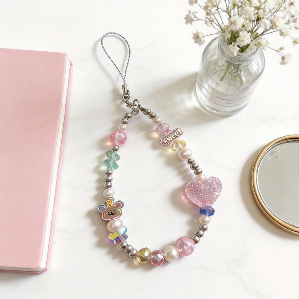 Pvc Pink Heart Bear Crystal Phone Strap With Butterfly Heart Pendant For Girls
