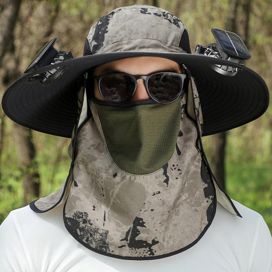 Pălărie solară cu ventilator cu clapă pentru gât Protecție facială cu boruri largi, protecție UV, ventilator de răcire, pălărie de pescuit, reîncărcabilă, pliabilă, pentru bărbați, în aer liber, pentru drumeții, pălărie de soare.