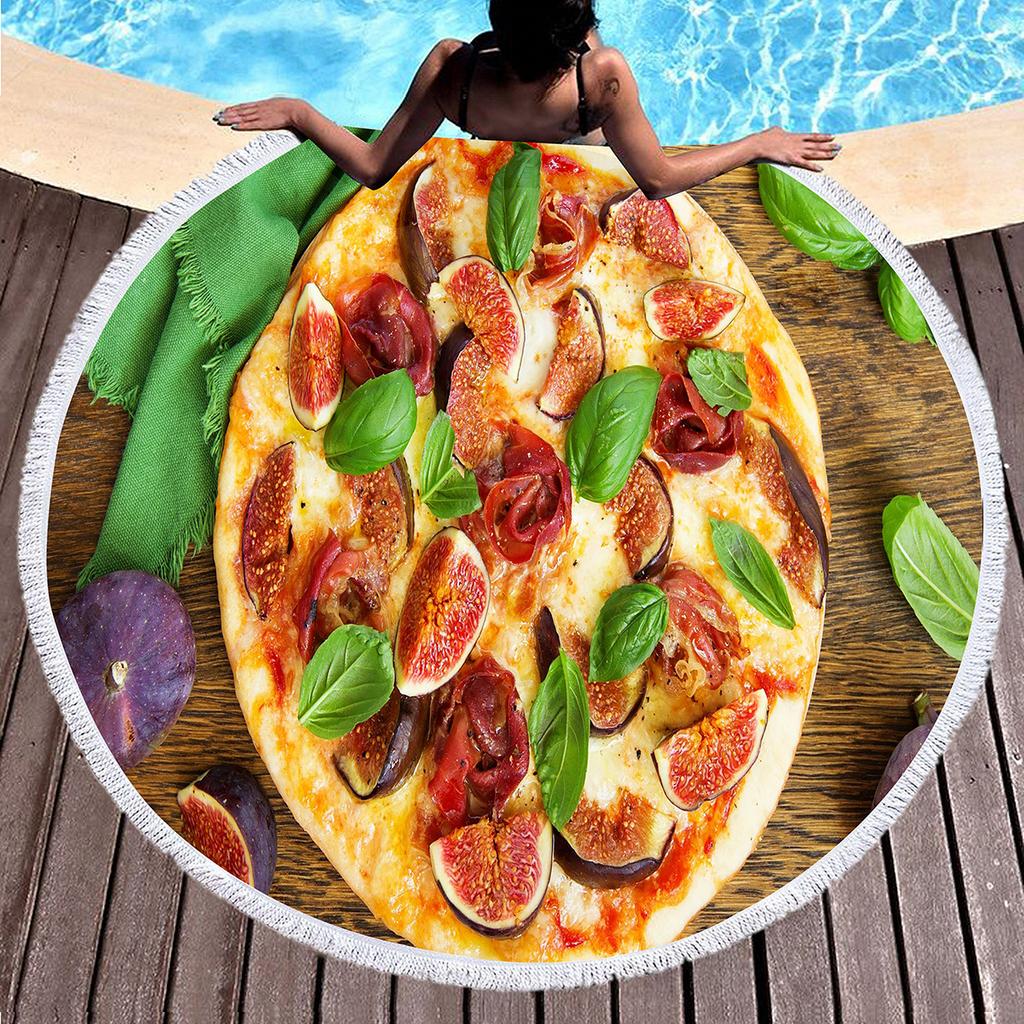 Round Beach Towel Delicious Pizza Pattern Round Beach Blanket Large Lightweight Beach Towel Quick Dry Absorbent Soft Pool Towel