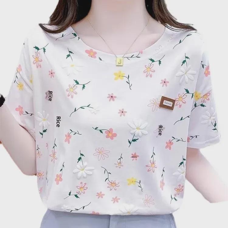 Women's Loose-Fit Floral Summer T-Shirts - Fresh Design, Niche Short-Sleeved Tops In Large Sizes