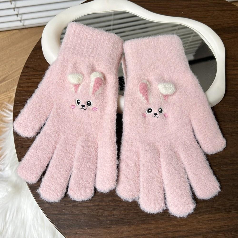Daily Use Full Finger Embroidered Gloves Rabbit Pattern Winter Warm Gloves Outdoor Wear