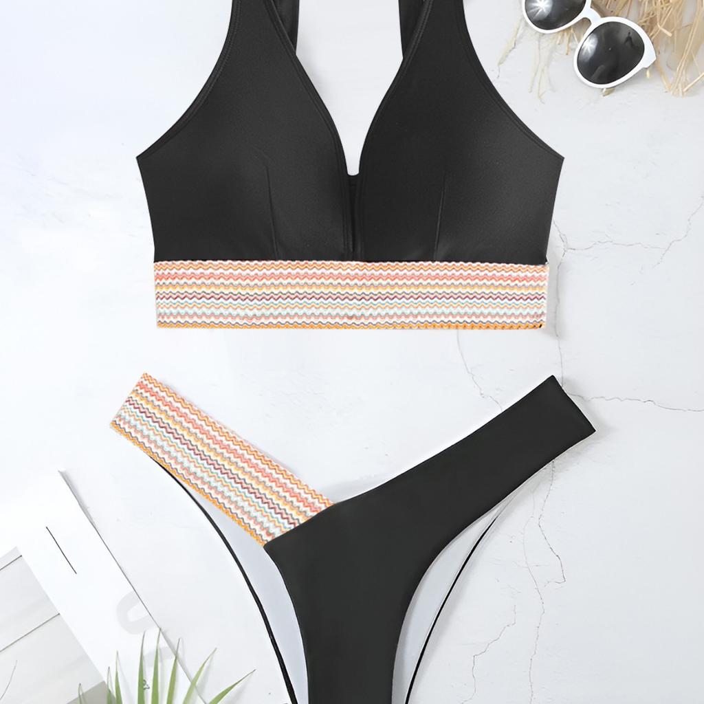 Wave Webbing Patch Low Waist Sexy Two Piece Bikini Set Elegant