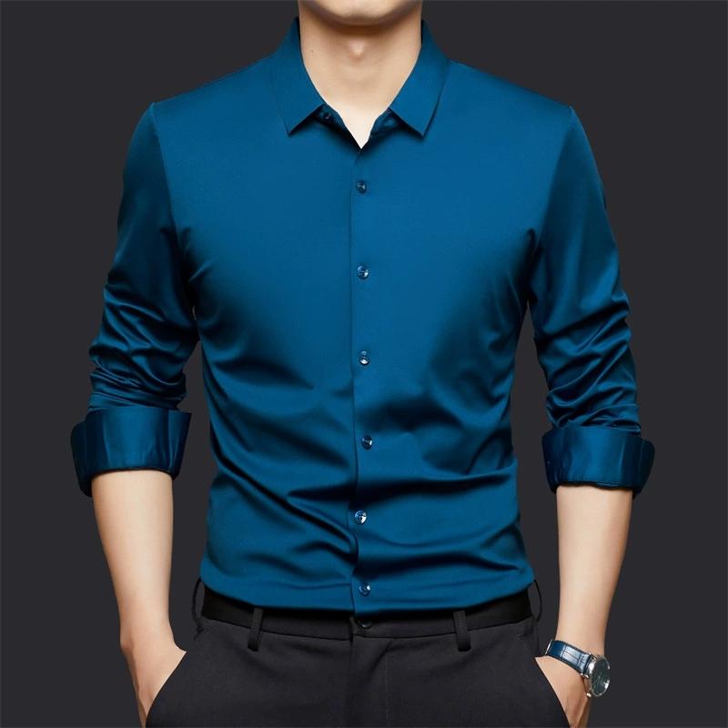 High Stretch Men Business Shirt Long Sleeve Anti-wrinkle Non-ironing Slim Fashion Casual Social Solid Formal Office White Shirt