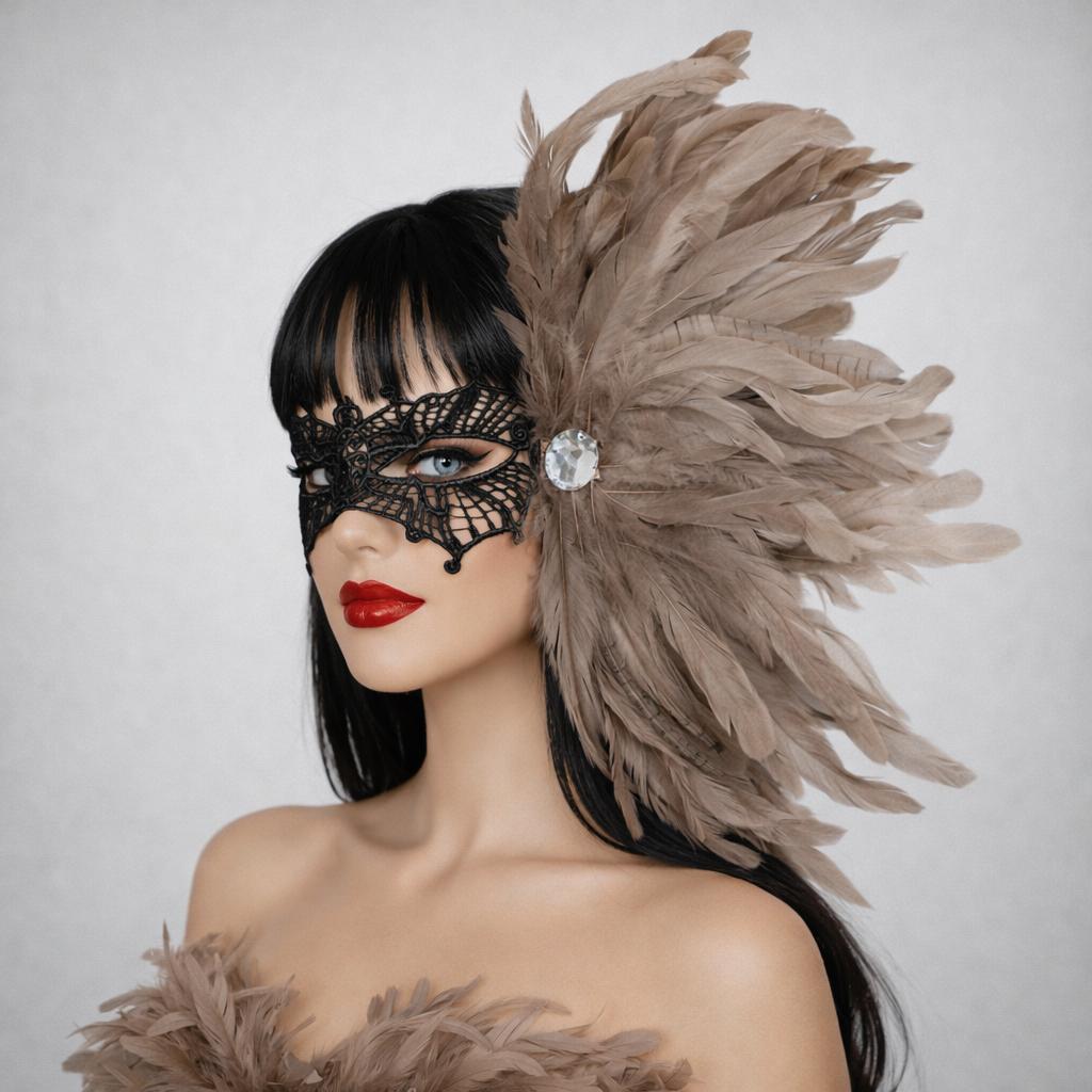 Feather Side Headpiece with Lace Eye Mask for Carnival Parade Masquerade Ball Mardi Gras Party Samba Dance Costume Outfit