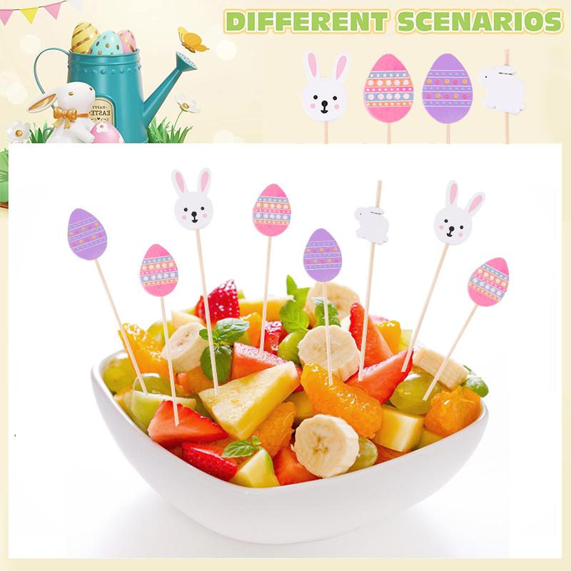 100pcs Easter Disposable Bamboo Skewers Rabbit Eggs Food Picks Fruit Fork Cupcake Buffet Stick Easter Party Decoration Birthday