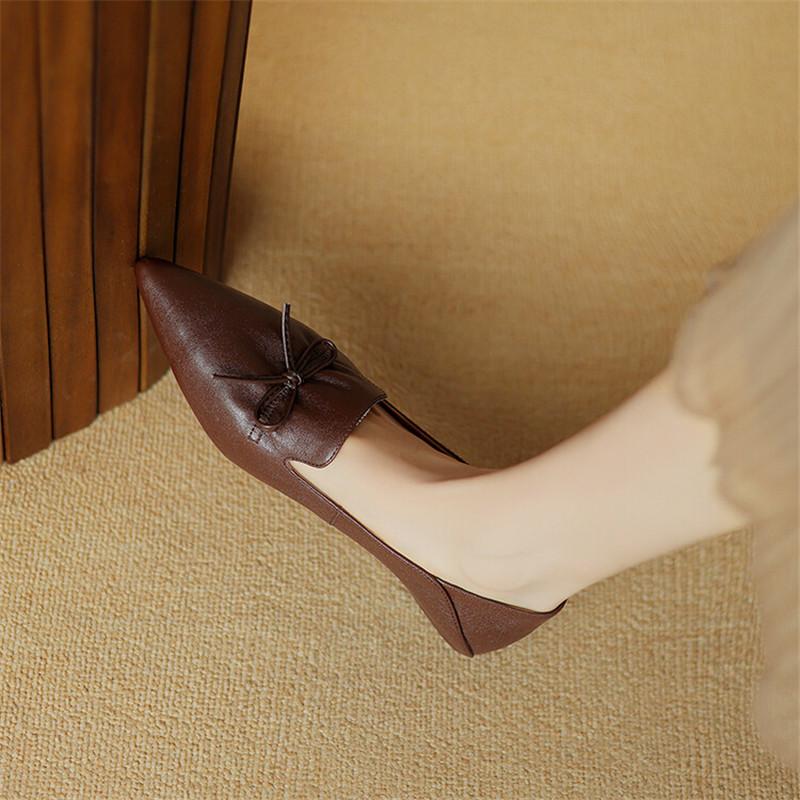 Fashion New Spring Genuine Leather Women Shoes French Retro Pointed Toe Women Pumps Bow Loafers Shoes for Women Low Heel Ladies Shoes