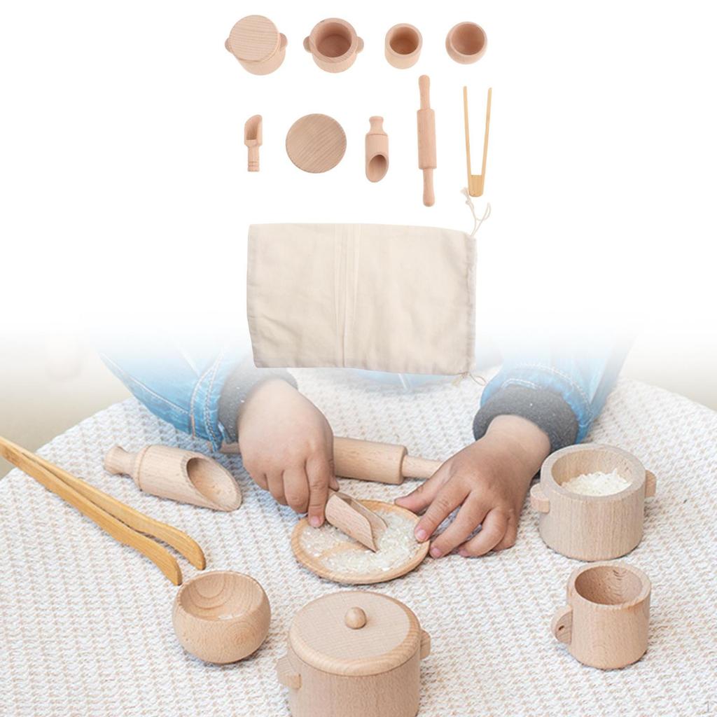 Senzorické nástroje na nádobí s taškou, hraní rolí, motorické dovednosti, hračka na nádobí, dřevěná čajová souprava na párty