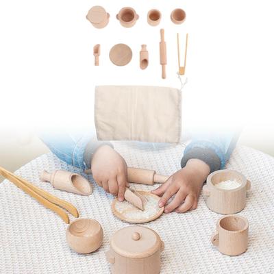 Sensory Bin Tools with Bag Role Play Motor Skills Pretend Dish Toy Wooden Tea Set for Party
