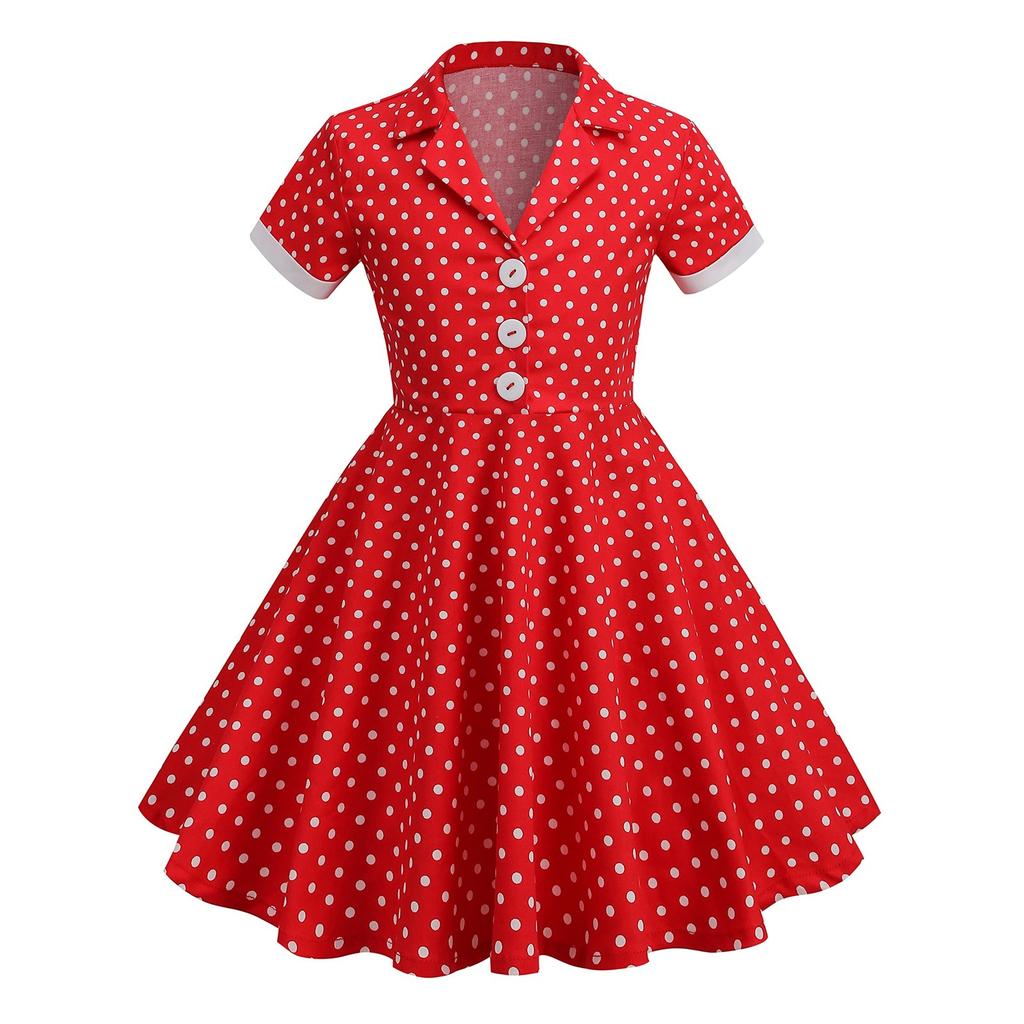 Sommer Kinderkleid Kurzarm Tupfen Vintage Kinder Prinzessinnenkleid für Mädchen