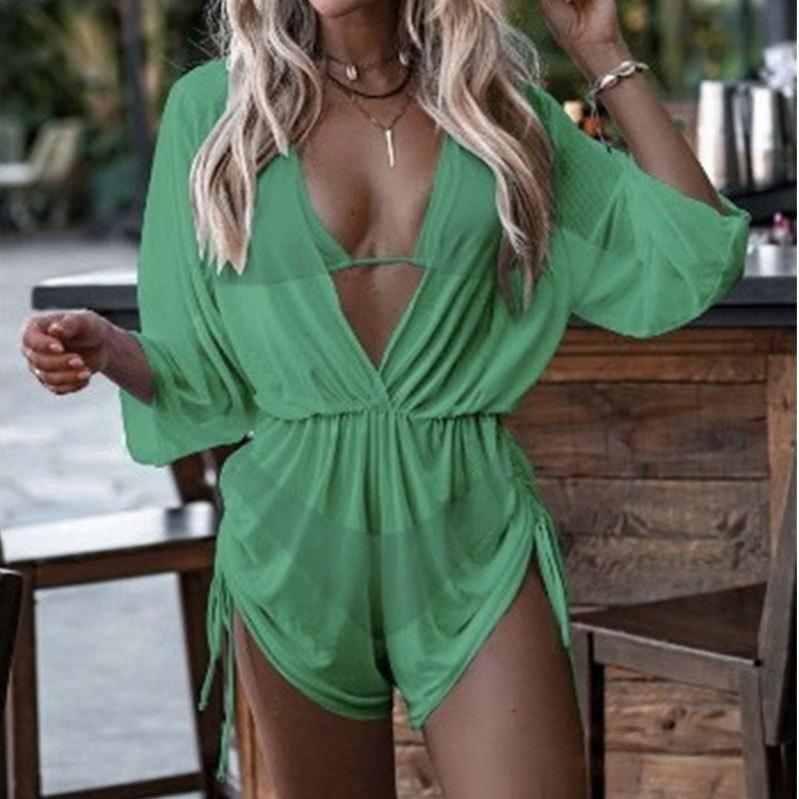 New long-sleeved three-piece mesh waist drawstring printed split bikini swimsuit