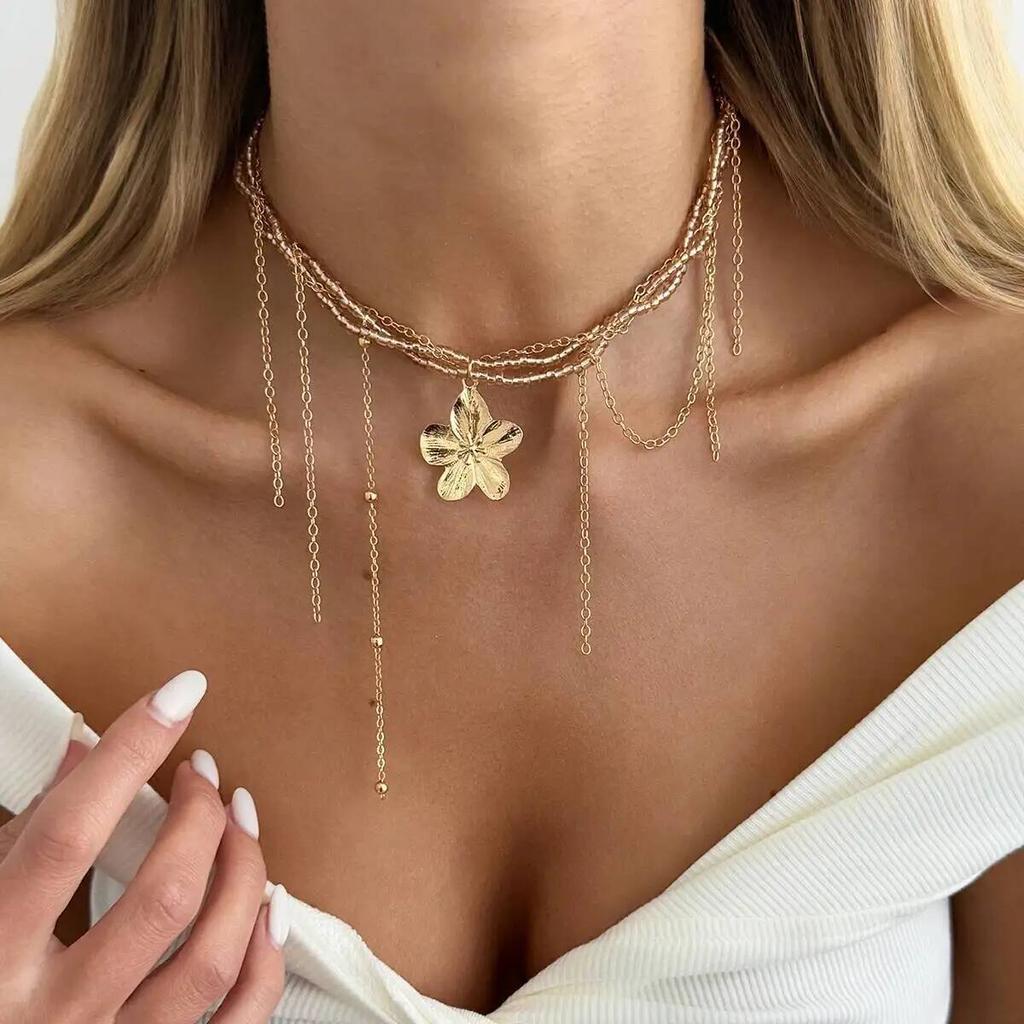 Ingemark Bohemia Gold Color Flower Pendant Necklace Women Creative Multi-Layer Metal Tassel Choker Chain Versatile Jewelry Gifts