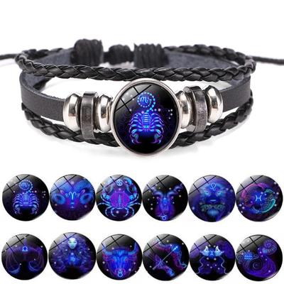 Moda Retro 12 Constelações Signos do Zodíaco Pingente Luminoso Pulseiras Unissex Multicamadas Envoltório Pulseira de Couro Bracelete Presente de Aniversário