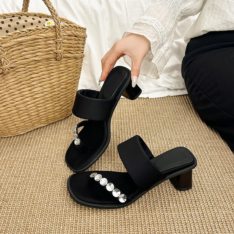 Fashion Chunky Sandals Summer New Square Head Shallow Mouth Rhinestone Buckle Anti-slip Wear-resistant High Heels
