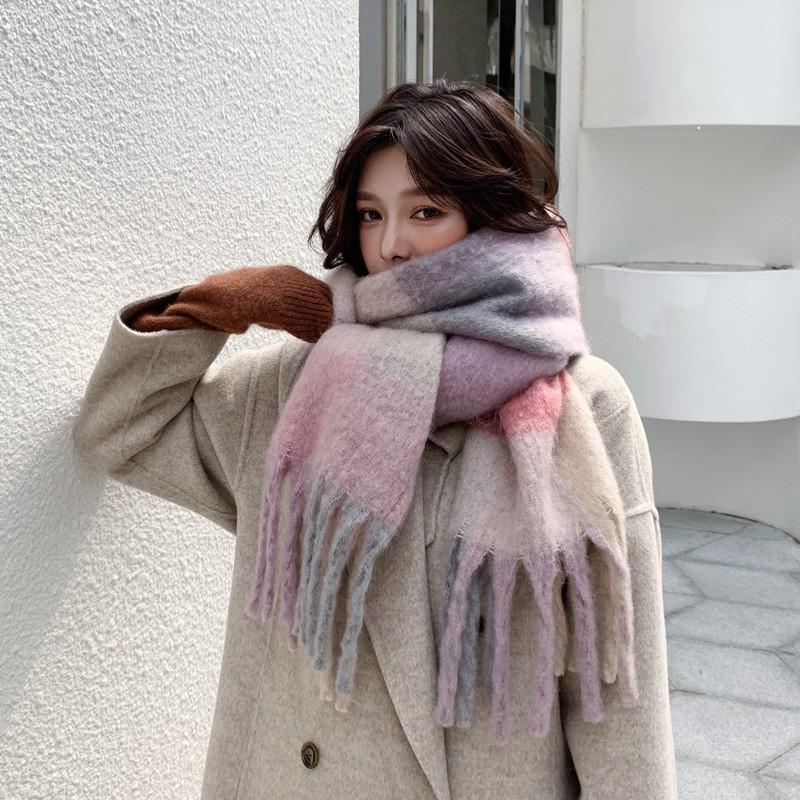 Soft Faux Cashmere Winter Scarf Women Extra Long 250x40cm Oversized Shawl With Fringe Warm Thick Double-Sided Colorblock