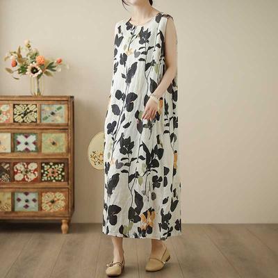 Summer New Original Women's Clothing Seaside Vacation Cotton and Linen Printing Long Dress Sleeveless Dress Long Vest Skirt Long Dress