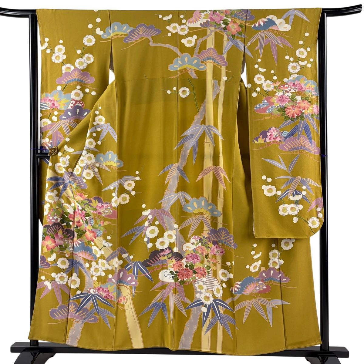 

[Good condition] Long-sleeved kimono, length 157.5cm, sleeve length 63.5cm, S sleeve, Sofu Okamura, signature included, flowers, pine, bamboo, plum,