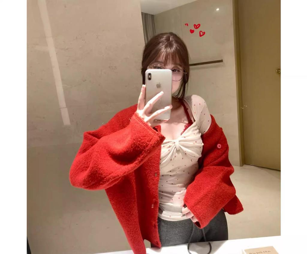 260g Cotton Modal Polka Dot Square Neck Lace-Up Bow Long Sleeve Slimming Top