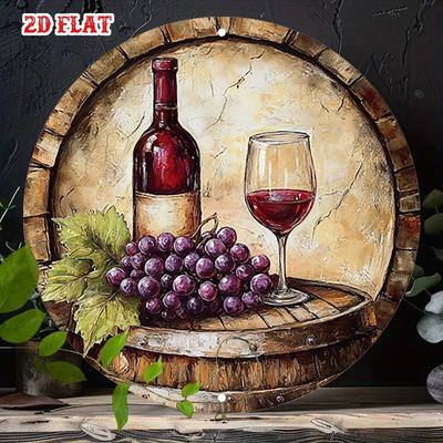 Pc Retro Wine and Grapes Round Tin Sign  Rustic Barrel Art with Vintage Brick Background Aluminum Wall Decor for Living Roo