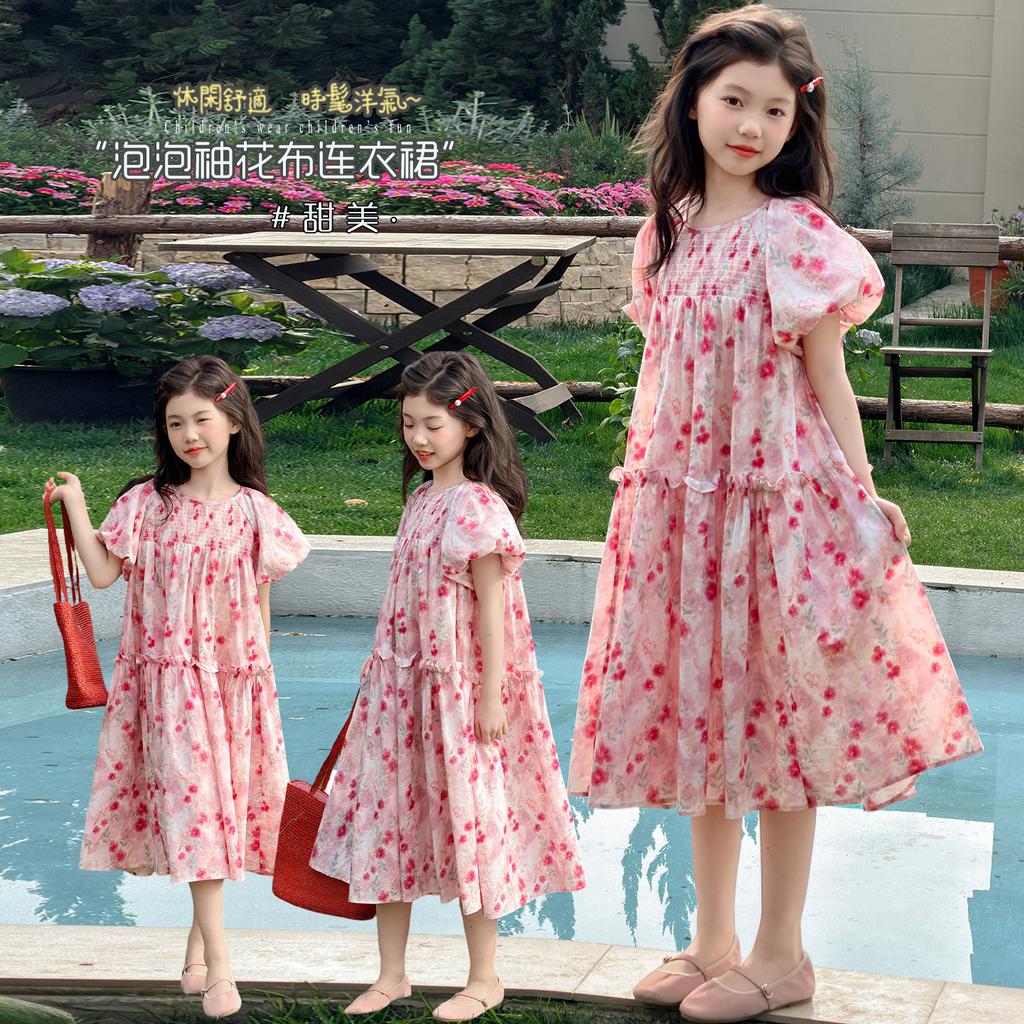 Girls' dress summer 2026 new item beautiful floral bubble sleeves princess dress summer dress children's dress