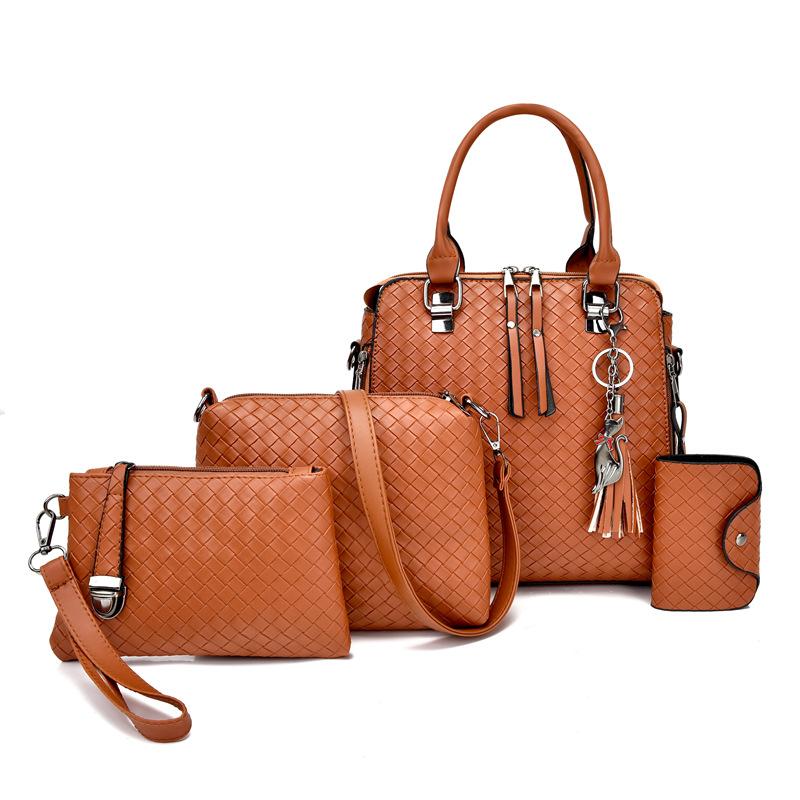 

Женские сумки осень и зима новые женские сумки плетеные сумки для мамы набор из четырех предметов сумки через плечо на одно плечо светло-коричневого