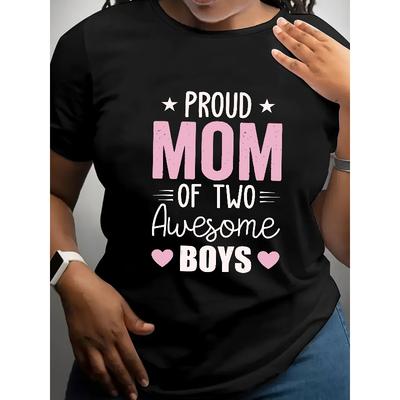 Women Proud Mom of Two Print T-Shirt Pink Letter Icon Round Neck Short Sleeve Spring Summer Mom Gift Casual Top