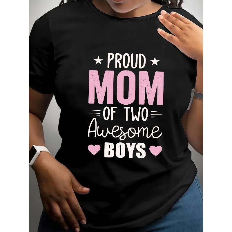 

Women Proud Mom of Two Print T-Shirt Pink Letter Icon Round Neck Short Sleeve Spring Summer Mom Gift Casual Top 4XL чорний
