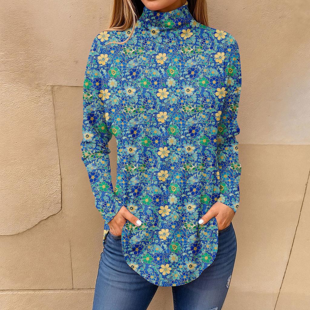 Tee Shirts For Women Fall Casual Long Sleeve Shirts Sweatshirt Vintage Printed High Neck Top Pullover