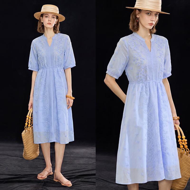 Wudao Summer 100% Cotton Embroidery V-Neck A-Line Dress L небесно-голубой