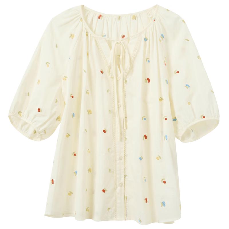 SanCai 100% Cotton Embroidered Tie-Front Blouse M