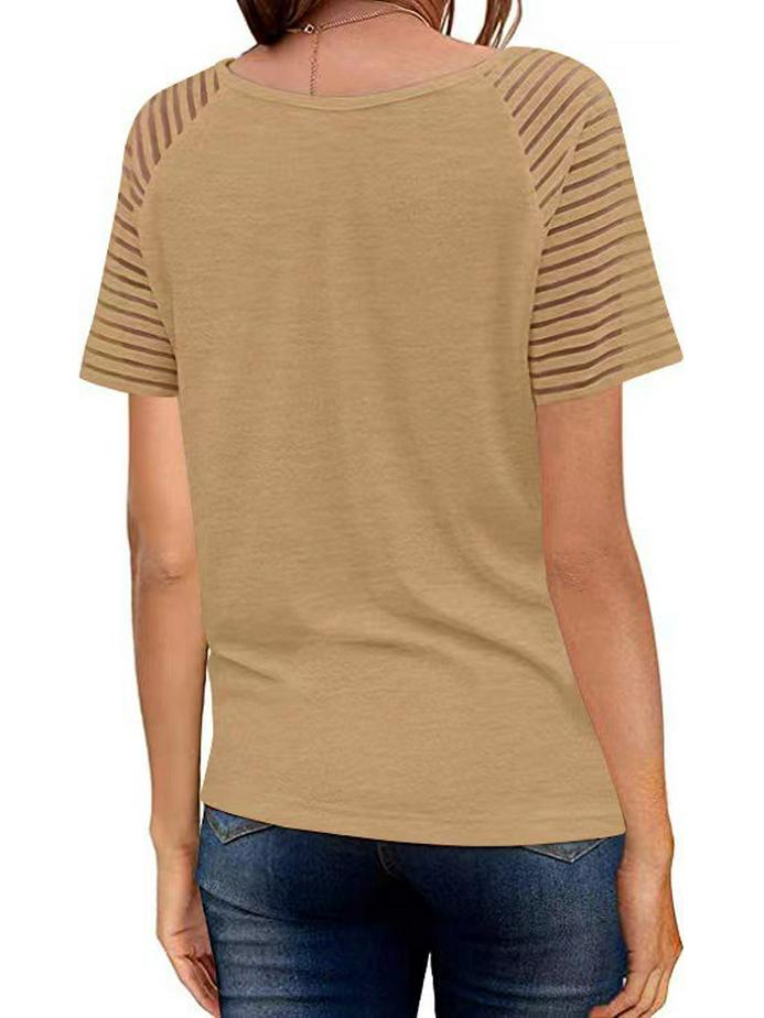 Women's European & American Summer V-neck Mesh Solid Short Sleeve Casual Loose T-shirt (2021)