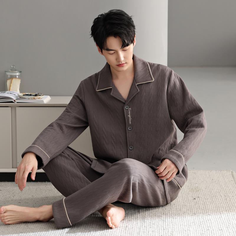 Pajamas Men'S Spring And Autumn Thickened Pure Cotton Long Sleeve Men'S Autumn And Winter Air Cotton Mezzanine Thin Cotton Loungewear
