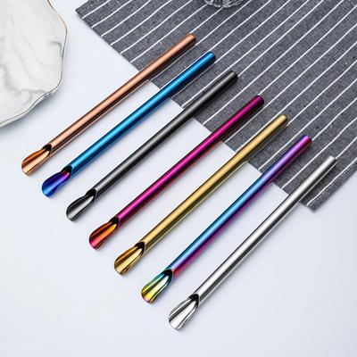 Reusable 304 Stainless Steel Straw Pearl Milkshake Bubble Tea 6Pcs Straw with Brush Set Stirring Smoothie Spoon Shaped Straw