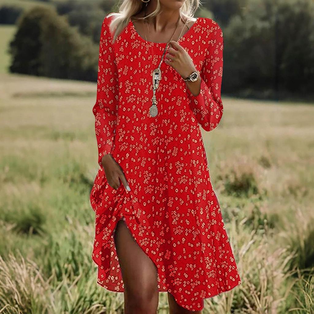 Long Sleeve Dress For Women Casual Loose Fit Summer Sundress Floral Print Dress With Pockets