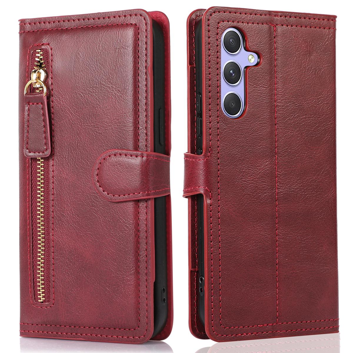 

For Samsung Galaxy S24 Case Zipper Pocket PU Leather Viewing Stand Phone Cover Red