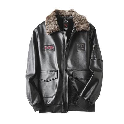 Autumn Winter Flight Suit Leather Printed Lapel Net Red Flight Leather Jacket Men's Warm Leather Coat Men