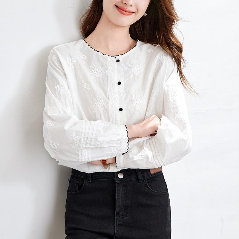 Pure Cotton Embroidered Shirt for Women Long Sleeves Summer New Thin Top Temperament Lady Round Neck Shirt