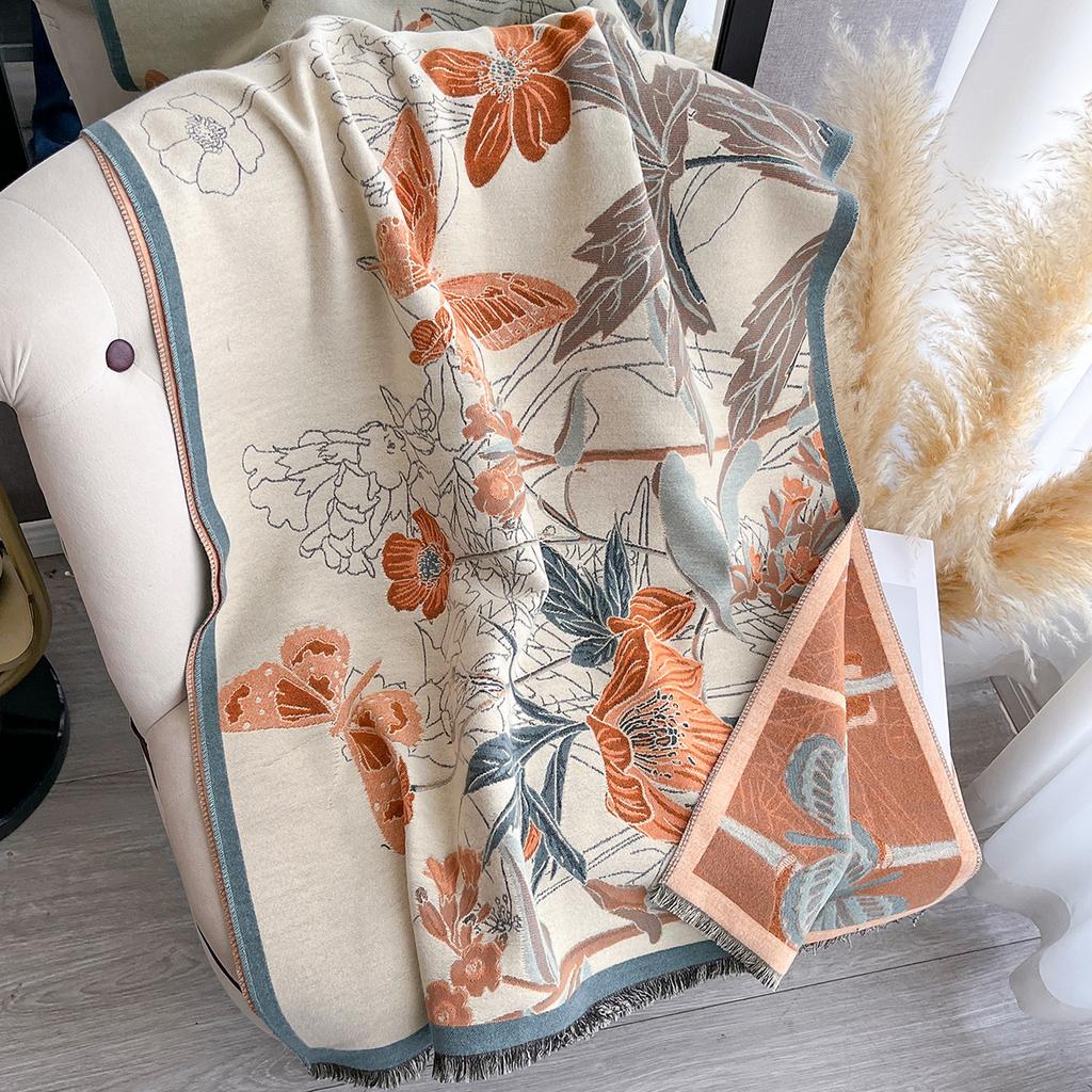 Women's Flower Warm Shawl Simple Thick Imitation Cashmere Scarf with Jacquard Ideal for Autumn and Winter