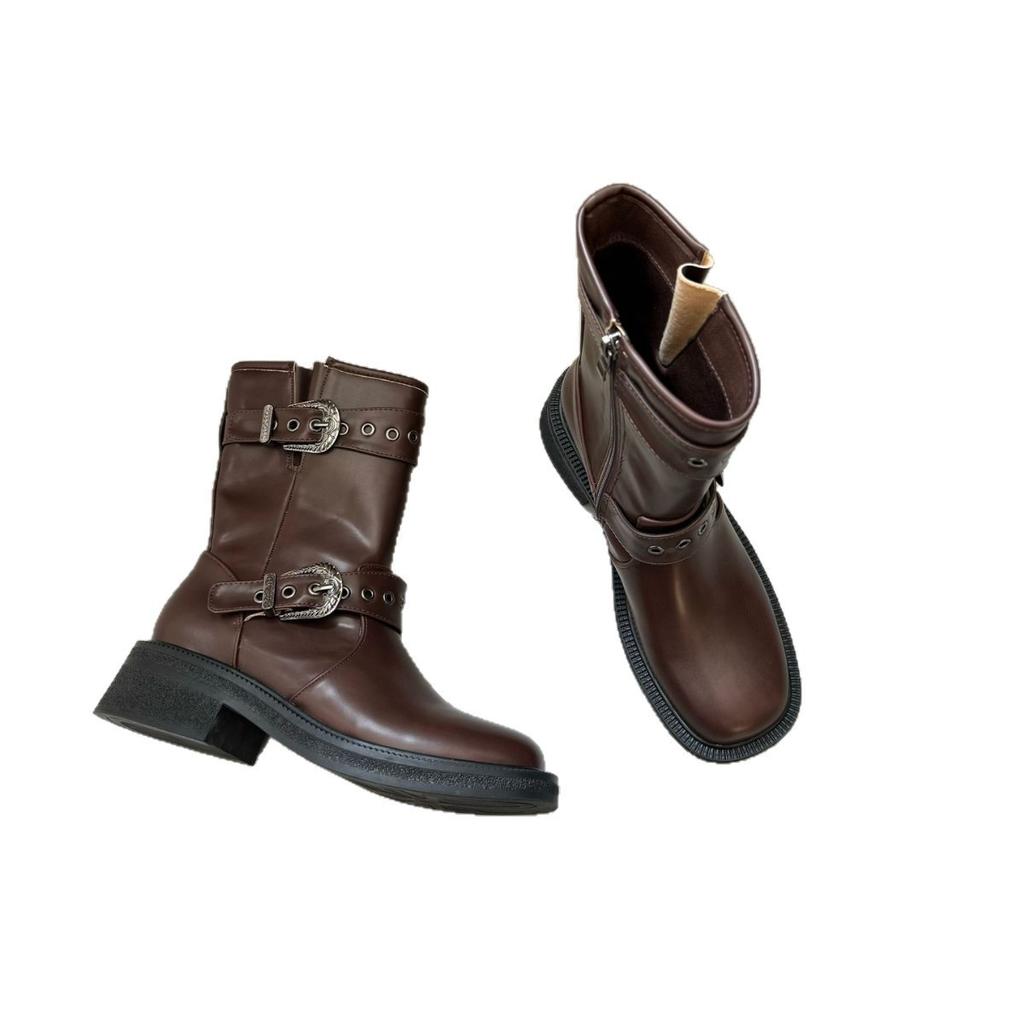 Coarse heel short boots female versatile fairy 2025 new double buckle British style western cowboy platform Martin boots