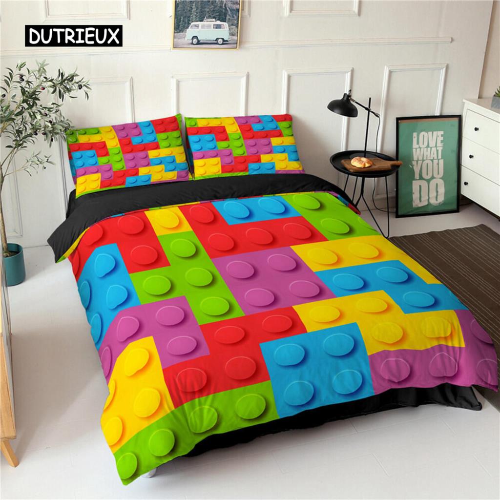 Toy Print Duvet Cover Set Dot Building Blocks Comforter Cover Microfiber Bedding Set Colorful Geometric Bricks Game Quilt Cover