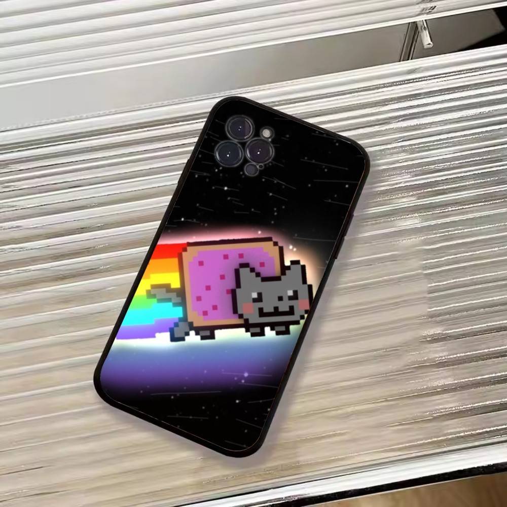 

Cute N-Nyan Cat Phone Case For iPhone 17,16,15,14,13,12,11 Plus,Pro Max,XS,Soft Silicone Black Cover iPhone16Se4