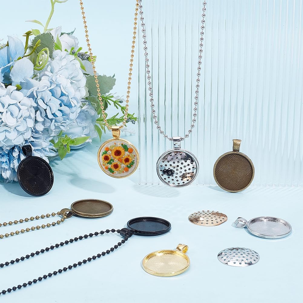 FREEBLOSS 12 Set Round Bezel Pendant Trays Necklace Pendant Blank Frame for Embroidery Round Pendant Tray Charm DIY Jewelry Making Kit for Necklace