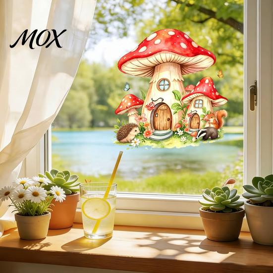 Self Adhesive Bathroom Glass Stickers Watercolor Forest Fairy Static Window Cling, Mushroom Elf Cottage Decal for Creative Gift Home Decor Kids Room,