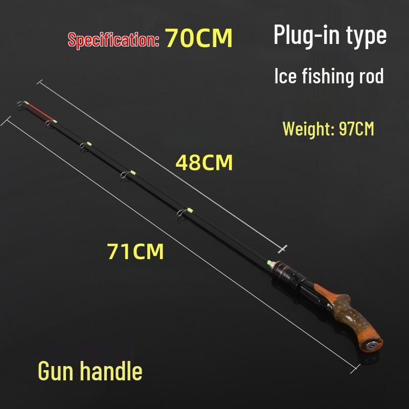 Wood Grain Portable Ice Fishing Rod with Curved Handle and Soft/Hard Tips