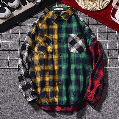 Men's  Casual Fashion Plaid Stitching Contrast Printing Loose Lapel Long Sleeve Shirt Tops Blouse